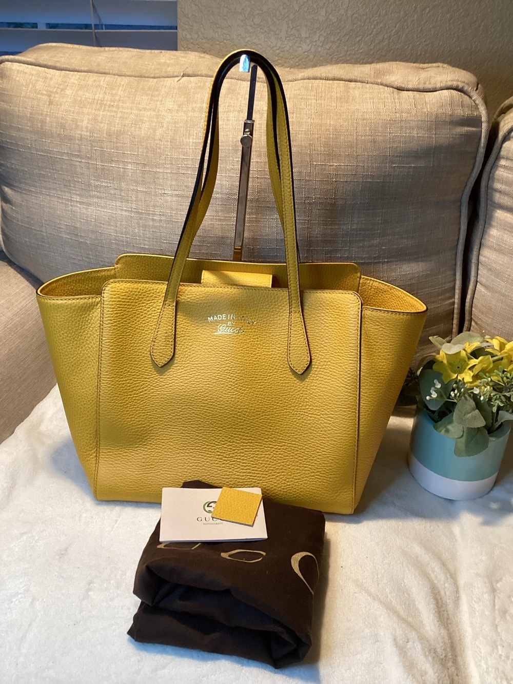 Gucci Yellow Pebbled Leather Swing Tote with Long Straps